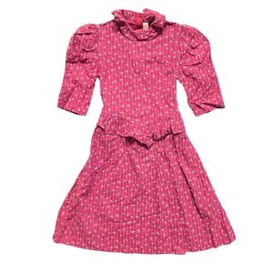 Vintage Jane Schaffhausen Belle France 70s 80s Pink Floral Prairie Dress W/ Ruff